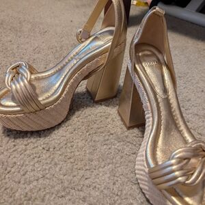 Alexandre Birman Champagne Metallic Braided Platform Slingback Heels